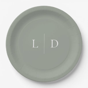 Sage Green Elegant Minimalist Monogram Wedding Paper Plate