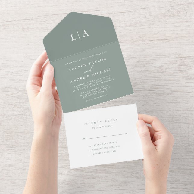 Sage Green Elegant Minimalist Wedding All In One Invitation (Tearaway)