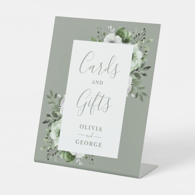 Sage Green Elegant Modern Floral Cards And Gifts Pedestal Sign (Front)