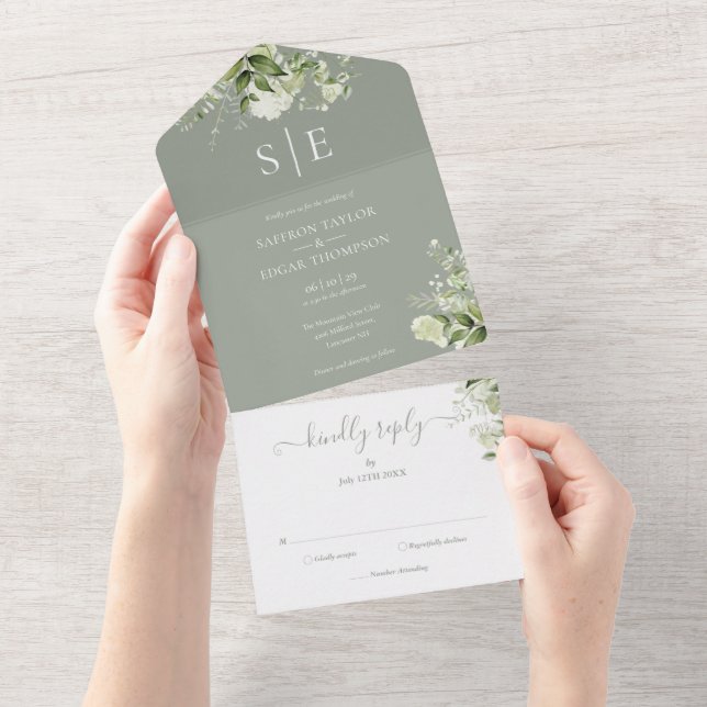 Sage Green Elegant Monogram Greenery Wedding All In One Invitation (Tearaway)