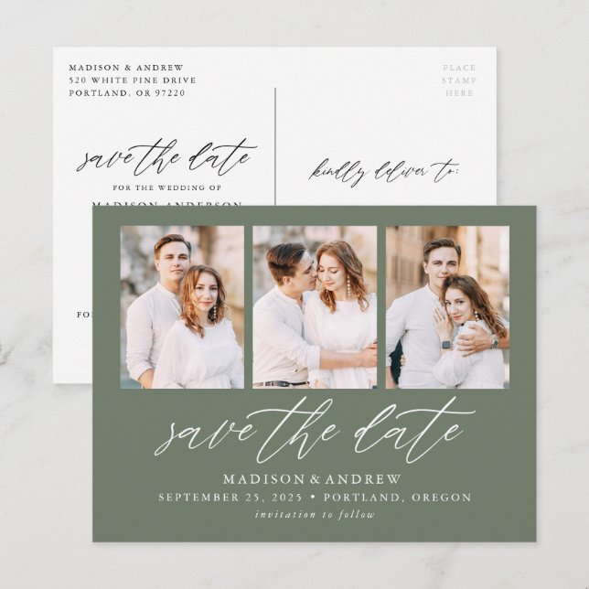 Sage Green Elegant Script 3 Photo Save the Date Announcement Postcard (Front/Back)