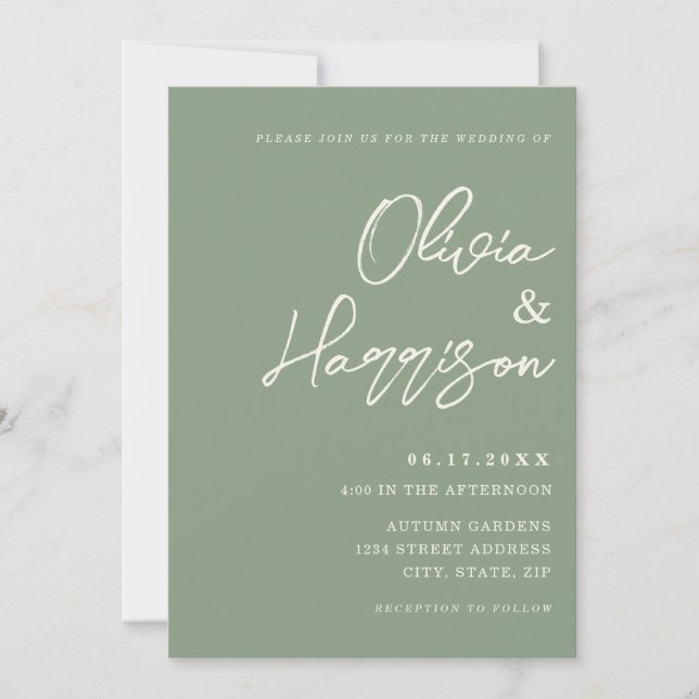 Sage Green Elegant Script All In One Wedding Invitation (Front)