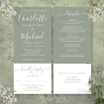 Sage Green Elegant Script All In One Wedding Invitation<br><div class="desc">An all in one wedding invitation featuring modern signature script names and elegant typography on a sage green background. The invitation includes an RSVP card that can be cut off and guest information details. Designed by Thisisnotme©</div>