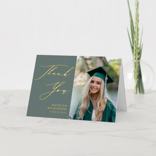 Sage Green Elegant Script Graduation Thank You Foil Greeting Card (Front)