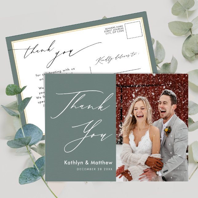Sage Green Elegant Script Modern Wedding Thank You Postcard (Creator Uploaded)