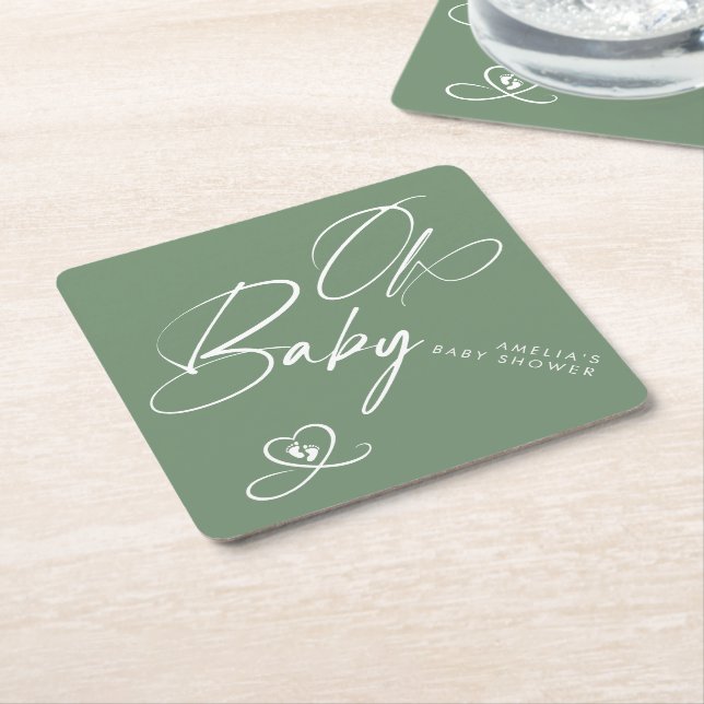 Sage Green Elegant Script Oh Baby Baby Shower Paper Coaster (Angled)