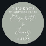 Sage Green Elegant Script Wedding Thank You Classic Round Sticker<br><div class="desc">This sage green minimalist elegant script wedding thank you sticker can be personalised with your information in chic typography. Designed by Thisisnotme©</div>