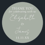 Sage Green Elegant Script Wedding Thank You Classic Round Sticker<br><div class="desc">This sage green minimalist elegant script wedding thank you sticker can be personalised with your information in chic typography. Designed by Thisisnotme©</div>