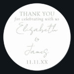 Sage Green Elegant Script Wedding Thank You Classic Round Sticker<br><div class="desc">This minimalist sage green elegant script wedding thank you sticker can be personalised with your information in modern typography. Designed by Thisisnotme©</div>