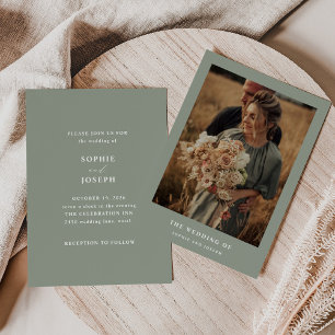 Sage Green Elegant Text and Photo   Wedding Invitation