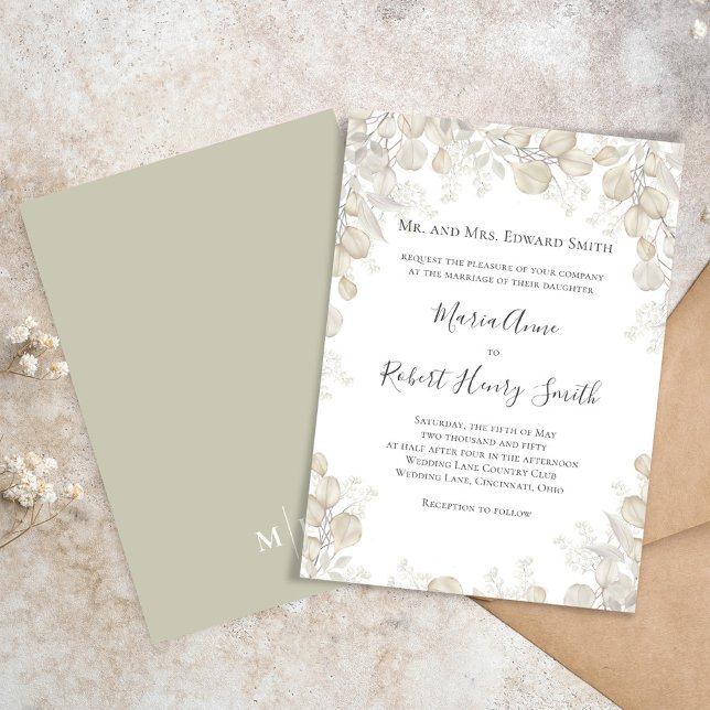 Sage Green Elegant Wedding Formal Invitation (Simple and elegant sage green and cream foliage wedding invitation.)