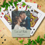 Sage Green Elegant Wedding Love and Thanks Photo Playing Cards<br><div class="desc">Add a playful and personal twist to your wedding favors with these custom Sage Green “Love and Thanks” poker cards. The front showcases your favorite wedding photo along with your names and date, turning an ordinary deck into a unique keepsake. Perfect for game-loving couples or as a fun thank-you gift...</div>