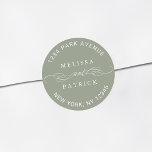Sage Green Elegant Wedding Return Address  Classic Round Sticker<br><div class="desc">Black and white elegant sticker with your names and return address.</div>