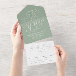 Sage Green Elegant Whimsical Calligraphy Wedding All In One Invitation