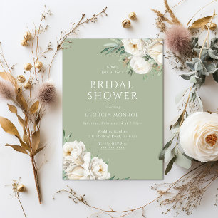 Sage Green Elegant White Floral Bridal Shower Invitation