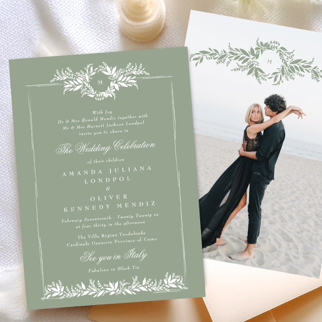 sage green elegant wreath etch frame photo wedding invitation (Creator Uploaded)