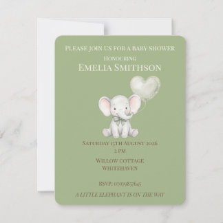 Sage Green Elephant Baby Shower Invitation