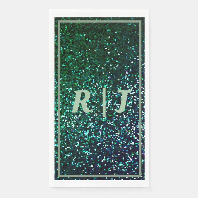 Sage Green Emerald Glitter Monogrammed Wedding Napkin (Front)