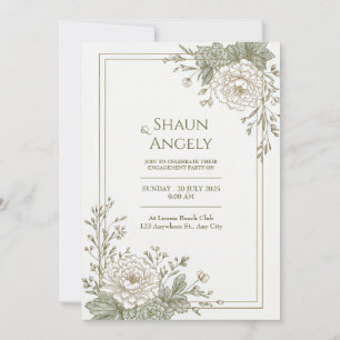 Sage Green Engraved Peony Gold Frame Wedding Invitation