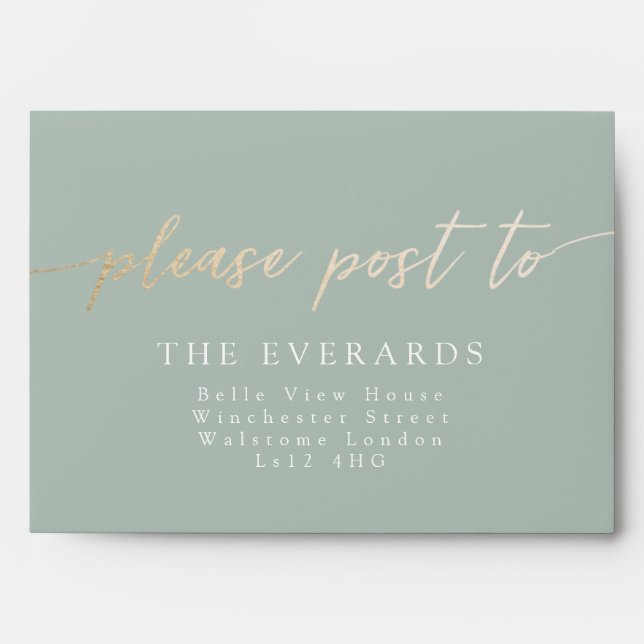 Sage Green envelope with gold post to detail (Front)