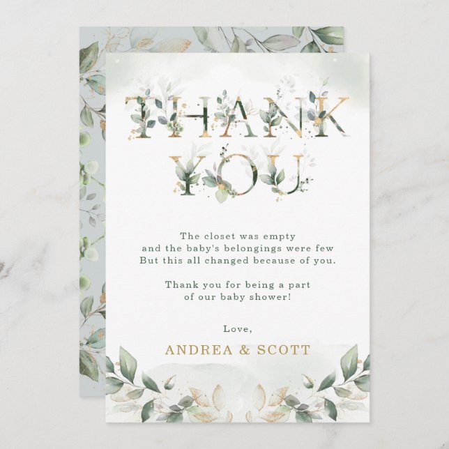 Sage Green Eucalyptus Baby Shower Thank You Card (Front/Back)
