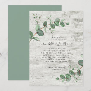 Sage green Eucalyptus botanical foliage white wood Invitation
