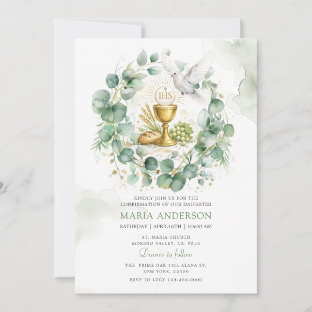 Sage Green Eucalyptus Confirmation Dove Invitation (Front)