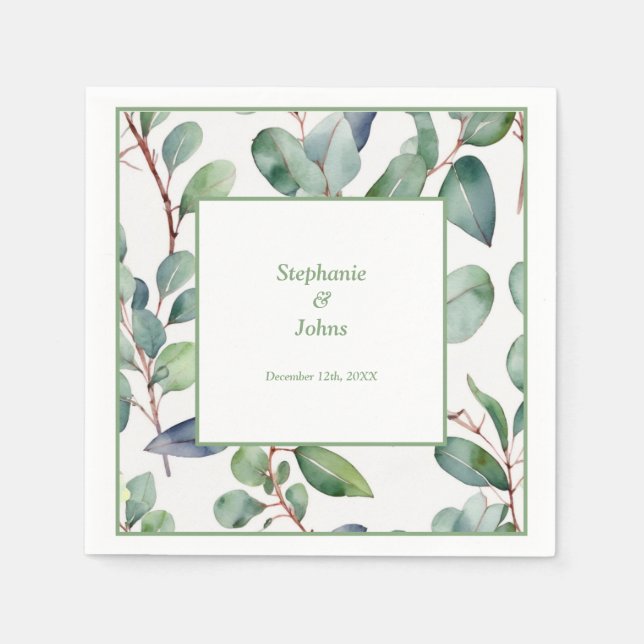 Sage Green Eucalyptus Dusty Blue Leaves Wedding Napkin (Front)