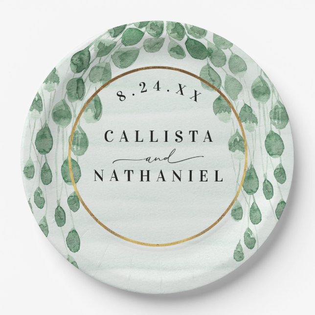 Sage Green Eucalyptus Garland Gold Oval Wedding Paper Plate (Front)