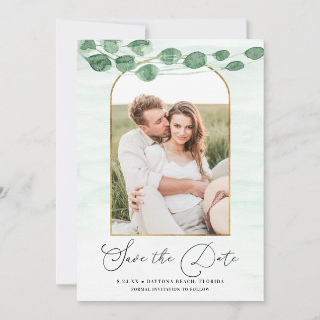 Sage Green Eucalyptus Garland Gold Oval Wedding Save The Date (Front)