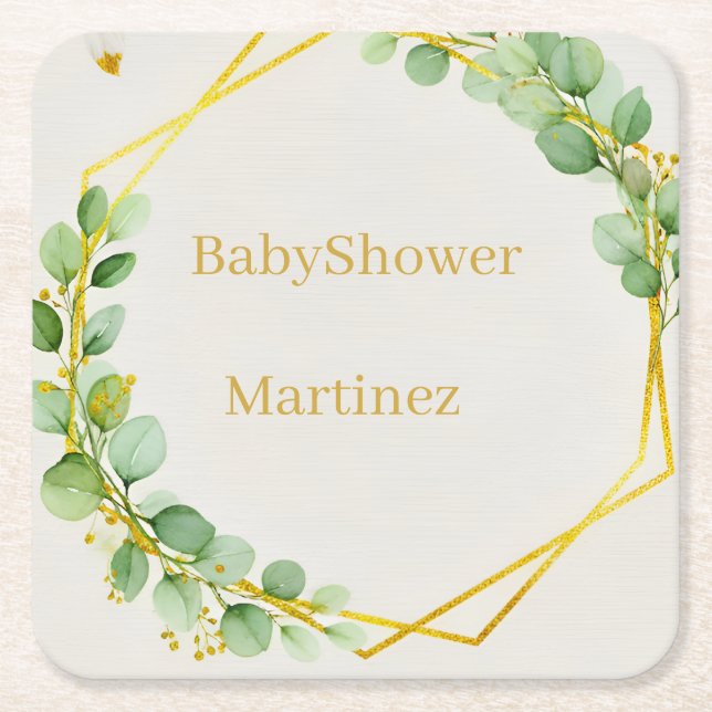 Sage Green Eucalyptus Gold Baby Shower Coasters (Front)
