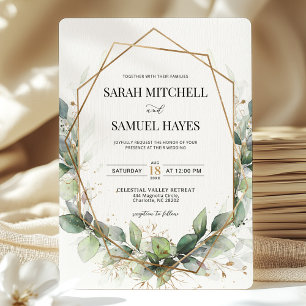 Sage Green Eucalyptus Gold Geometric Wedding Invitation
