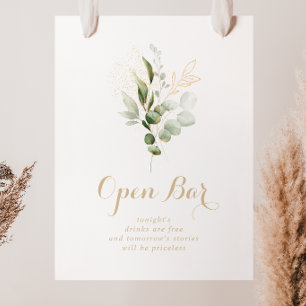 Sage Green Eucalyptus Gold Wedding Open Bar Sign