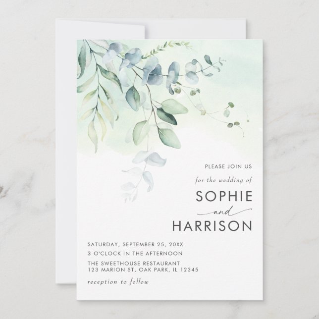 Sage Green Eucalyptus Greenery All In One Wedding Invitation (Front)