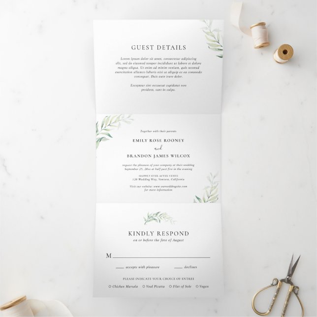 Sage Green Eucalyptus Greenery Elegant Wedding Tri-Fold Invitation (Inside)