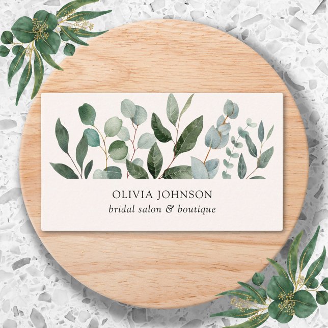 Sage Green Eucalyptus Greenery Leaf Business Card (In situ)