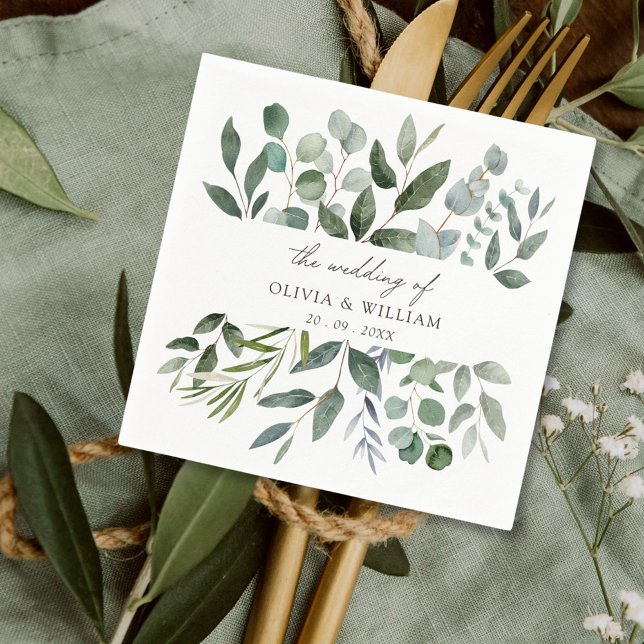 Sage Green Eucalyptus Greenery Leaf Wedding  Napkin (In situ)