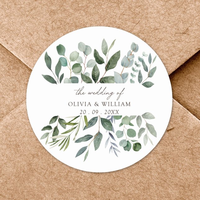 Sage Green Eucalyptus Greenery Wedding Favour Gift Classic Round Sticker (In situ)