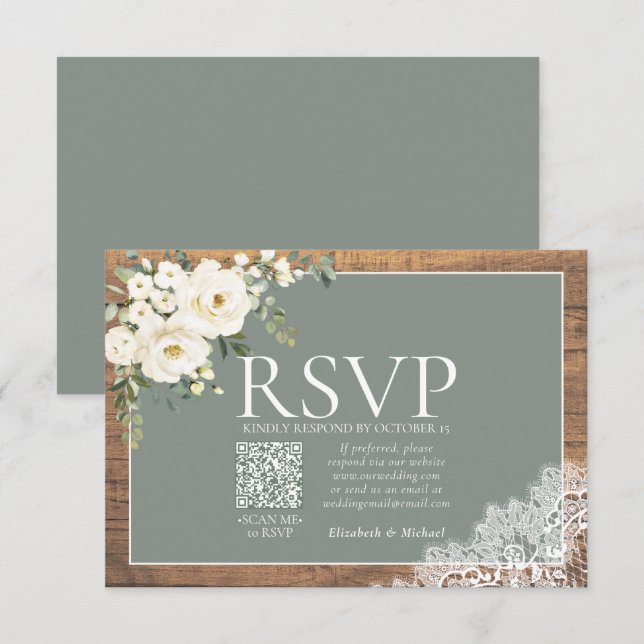 Sage Green Eucalyptus Lace Wood Wedding QR RSVP Card (Front/Back)