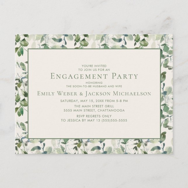 Sage Green Eucalyptus Leaves Cream Engagement Postcard (Front)