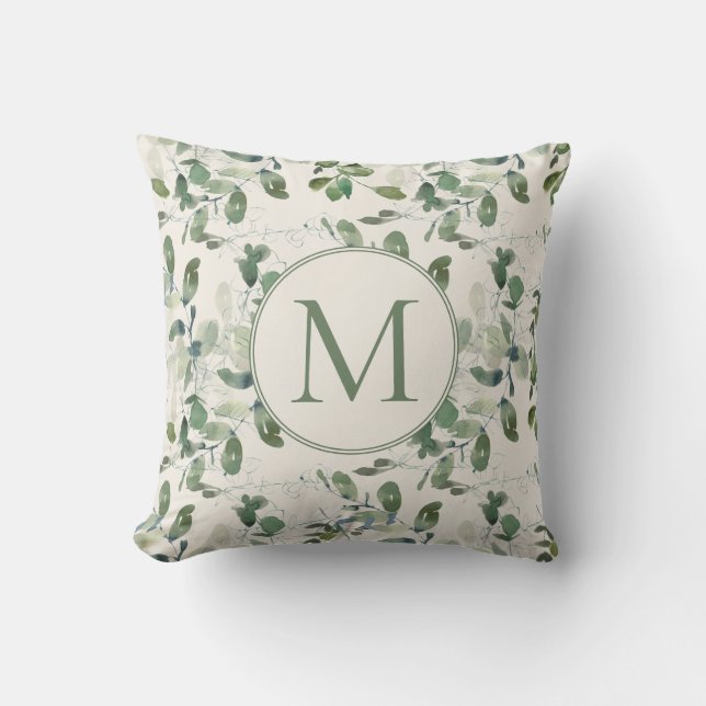 Sage Green Eucalyptus Leaves Cream Monogram Cushion (Front)