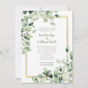 Sage Green Eucalyptus Leaves Gold Frame Wedding Invitation