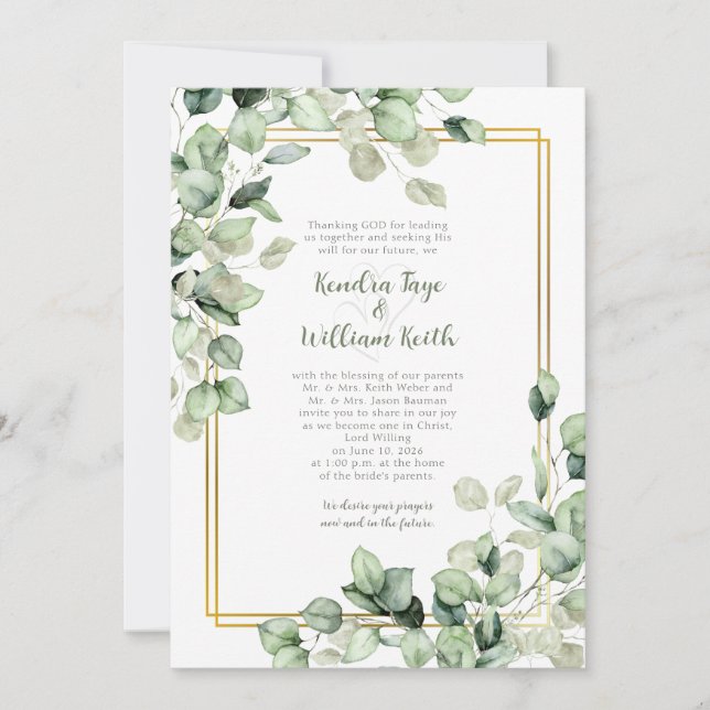 Sage Green Eucalyptus Leaves Gold Frame Wedding Invitation (Front)