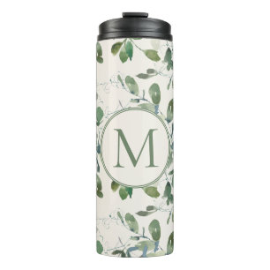 Sage Green Eucalyptus Leaves on Cream Monogram Thermal Tumbler