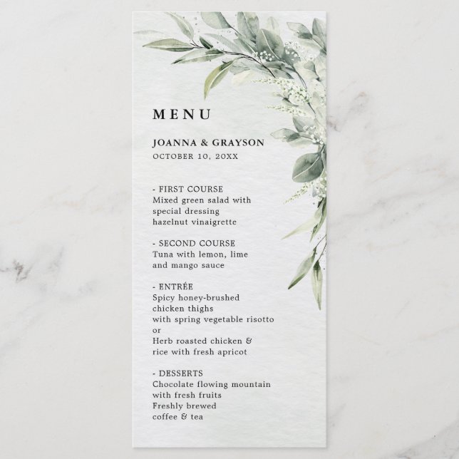 Sage Green Eucalyptus Minimalist Botanical Wedding Menu (Front)