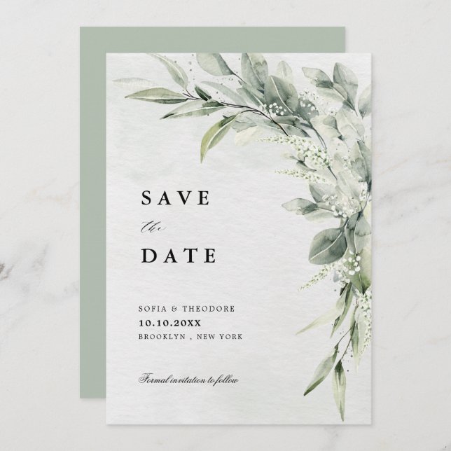 Sage Green Eucalyptus Minimalist Botanical Wedding Save The Date (Front/Back)