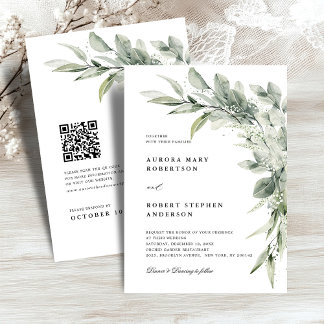 Sage Green Eucalyptus Minimalist QR code Wedding Invitation