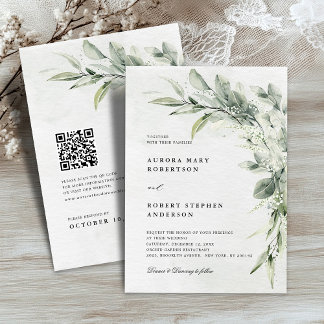 Sage Green Eucalyptus Minimalist QR code Wedding Invitation