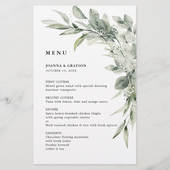 Sage Green Eucalyptus Minimalist Wedding Menu (Front)