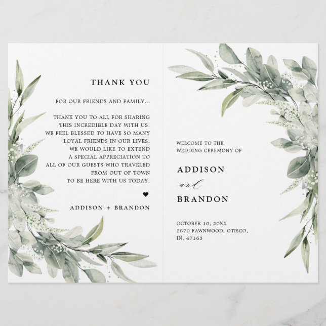 Sage Green Eucalyptus Minimalist Wedding Program (Front)